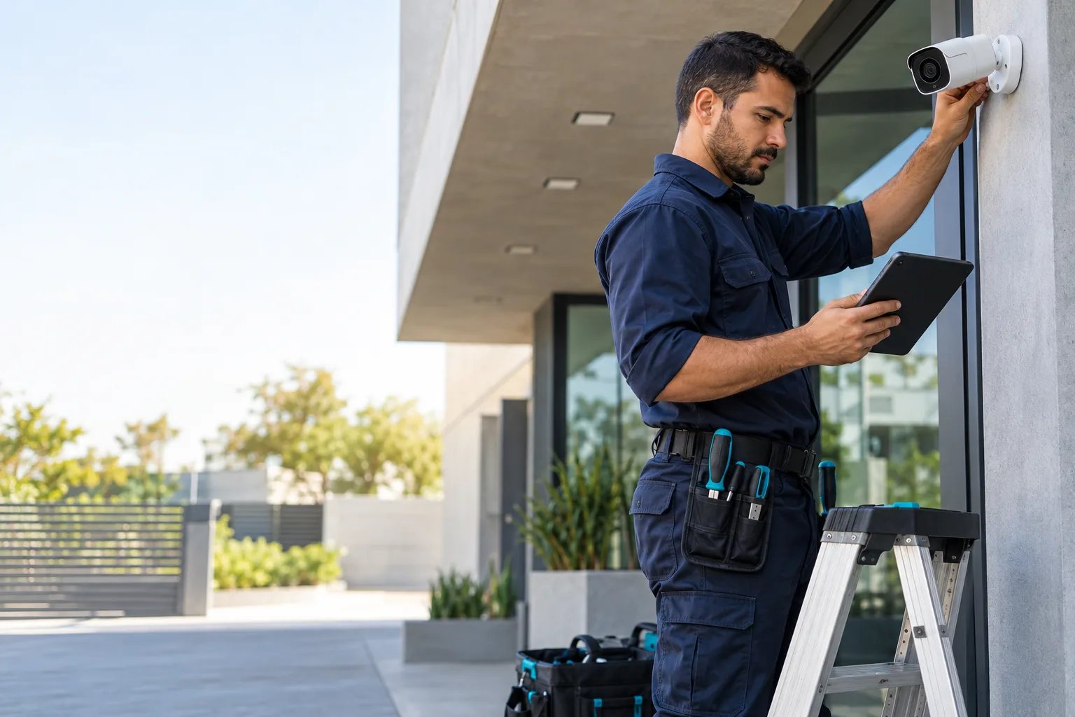 Técnico instalando uma câmera de segurança em uma empresa